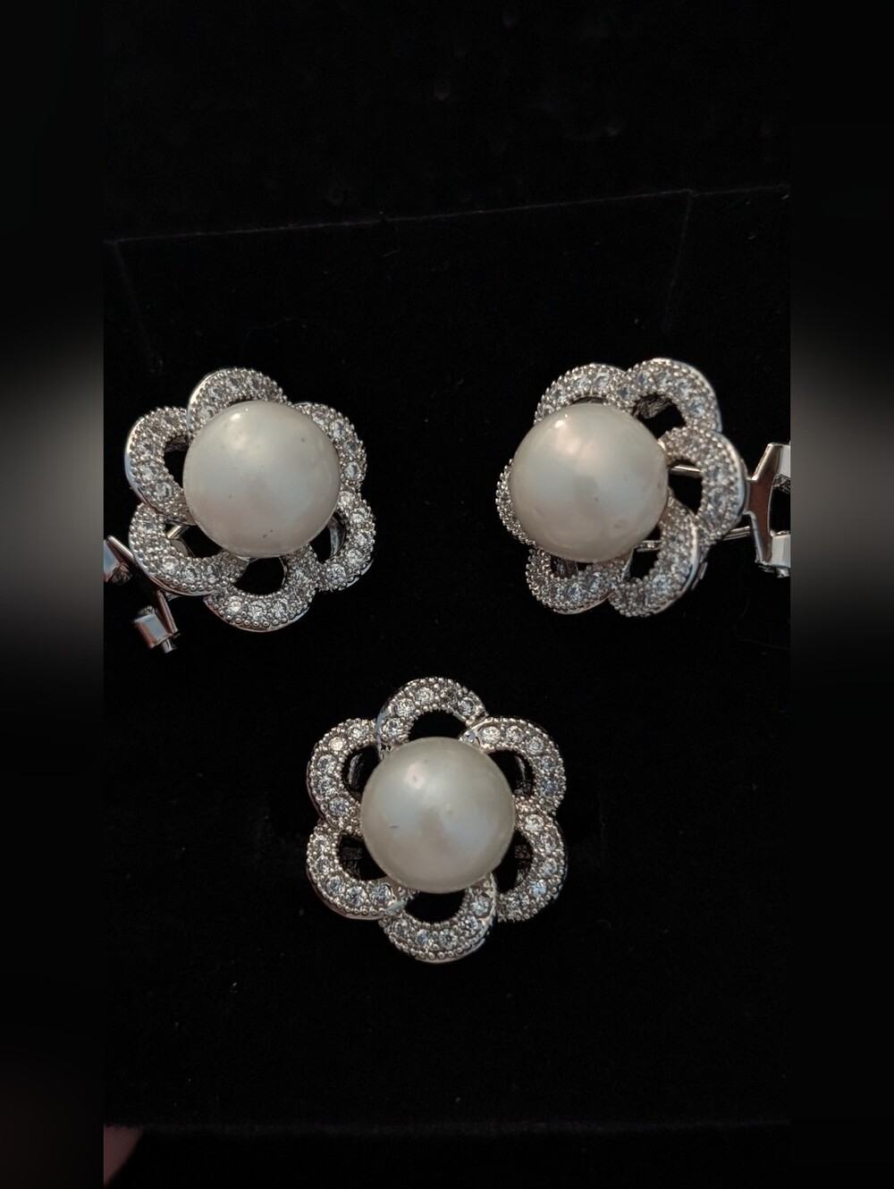 Authentic South Sea Pearl Flower Silver Earrings, Ring , Necklace Set